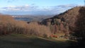 A panoramic view of the landscape. View of grassland, forest, mountain.