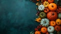 Background of orange, green, white, and yellow pumpkins, both small and large, on a green backdrop with maple leaves Royalty Free Stock Photo