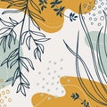 Background with organic shapes, leaves, branch and plants. Modern trendy vector graphic, template, greeting card, frame, social me