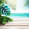 Background with Palm Leaves and Sea, Generative AI