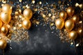 Background of a party featuring gold balloons and confetti