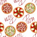 Background pattern with different types of pizzas