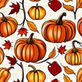 Background Pattern of Pumpkins, Apples, and Fall Leaves With Gold Swirls on White