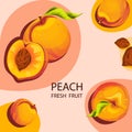 Background with peaches. Ripe, juicy peach fruits.Fresh fruit. Royalty Free Stock Photo