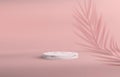 Background with a pedestal in a minimalistic style in pink pastel colors. Empty stone podium for product demonstration with palm