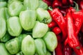 Background from a peppers. heap of red hot chilli and green peppers close up. beautiful shiny. texture of heap of peppers, Royalty Free Stock Photo