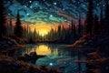 background picture, night lake under the starry sky, generated by AI, generative assistant.