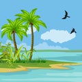 1190 seacoast, background with a picture of the sea landscape, palm trees, sand and shells