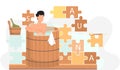 Background of pieces of puzzle with inscription sauna. Person resting in barrel with boiling water