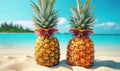 Background of pineapple with sunglass. Beach holidays on island. For postcard, book illustration Royalty Free Stock Photo