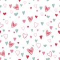 Background with pink and blue hand drawn hearts for valentine time. Seamless pattern doodle style. Vector