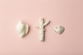 Background  pink color with seashells. Sea and ocean background with white shell. Copy space Royalty Free Stock Photo