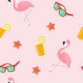 Background with Pink Flamingos, Orange Juice Glass, Sunglasses and Starfish