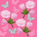 Seamless pattern with pink flowers and butterflies