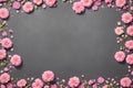 Background with pink flowers on grey slate textute. Top view, copy space