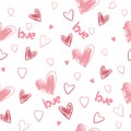Background with pink hand drawn confetti hearts and and the inscription love for valentine time. Seamless pattern doodle