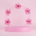 Background in pink pastel colors. Empty podium, stand, plinth, stage, arch with flowers