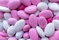 Background of pink and white candy. Sweets closeup. Top view.