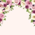 Background with pink and white roses and lisianthus flowers. Vector illustration.