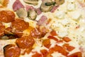 Background of pizza close-up: sausage, tomatoes, mushrooms, cheese.