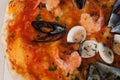 Background of pizza frutti di mare with mussels, clams and shrimps Royalty Free Stock Photo