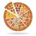 Background with pizza pieces and its ingredients. Vector illustration Royalty Free Stock Photo