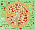 Background with pizza pieces and its ingredients Royalty Free Stock Photo