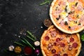 Background Pizza. Set of delicious pizzas with bacon, cheese and mushrooms.