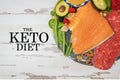 plate of keto foods meal concept backkground with the text the keto diet