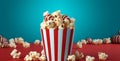 background popcorn blue film bucket corn red paper cinema box food. Generative AI. Royalty Free Stock Photo