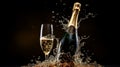 A background of a popping champagne bottle with cork flying and bubbles