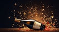 A background of a popping champagne bottle with cork flying and bubbles