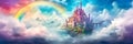 background that portrays an enchanted castle perched atop a floating island amidst cotton clouds Royalty Free Stock Photo