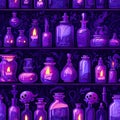 Background of potions and oils, halloween style. Purple tones in color. For spooky fall projects