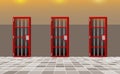 Background prison, trend european interior. Jail cells modern with red doors. Behind bars In jail, dark. Vector detailed