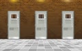 Background prison, trend penal colony interior. Jail cells modern with gray doors. Behind brick wall, bars In jail, dark. Vector