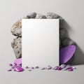 Background for product presentation, lavender and pink petals on the rocks AI generation Royalty Free Stock Photo