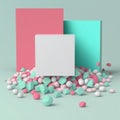 Background for product presentation, pink meteors and green mist, red pebbles and blue cubes AI generation Royalty Free Stock Photo