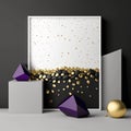 Background for product presentation, purple raindrops and gold moons, white pebbles and black cubes AI generation