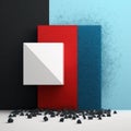 Background for product presentation, white dust and black diamonds, blue crystals and red cubes AI generation Royalty Free Stock Photo