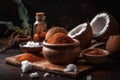 background products - coconut and spices on a wooden table