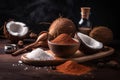 background products - coconut and spices on a wooden table