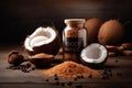 background products - coconut and spices on a wooden table