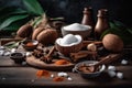 background products - coconut and spices on a wooden table