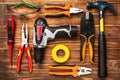 Background of professional electrician tools with space for text Royalty Free Stock Photo