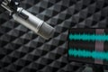 Background with a professional microphone and wave form on screen