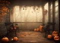 leaf holiday porch fall halloween pumpkin decoration door wooden house. Generative AI.