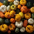 Background of pumpkins of different colors and shapes. Thanksgiving and Harvest Festival