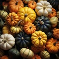 Background of pumpkins of different colors and shapes. Thanksgiving and Harvest Festival