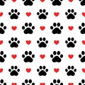 Background puppy. Pet prints. Paw seamless pattern. Trace foot dog, cat. Cute print for pets, dog or cat. Black silhouette shape p Royalty Free Stock Photo